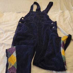 Vintage Hippie Girl's Navy Corduroy w/ Patchwork Side Panel Overalls - Size XL